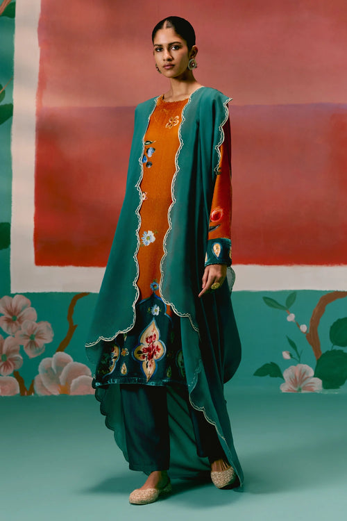 Mustard Teal Floral Velvet Kurta Set with Dupatta