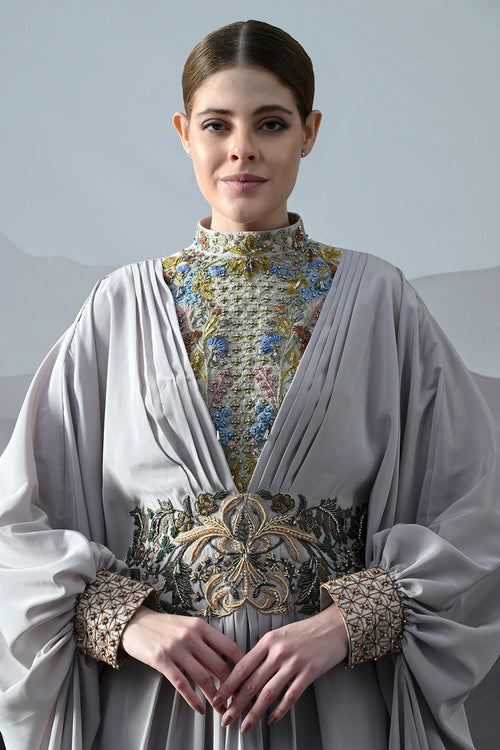 Soft Grey Draped Gown With Hand-Embroidered High Neck