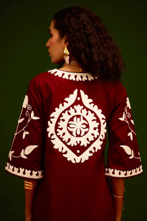 Burgundy Wine Ivory Wave Thread Embroidered Maxi Dress