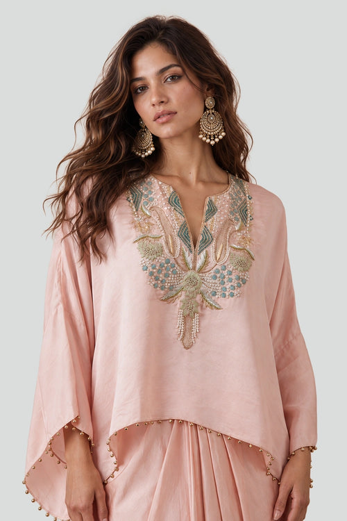 Blush Pink Satin Embroidered Yoke Top And Lungi Skirt