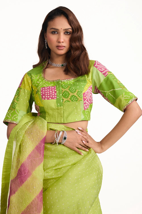 Green Organza Bandhani Saree with Boro Blouse