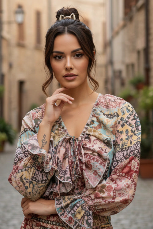 All About Hearts Stripped Blouse And Ruched Skirt Set