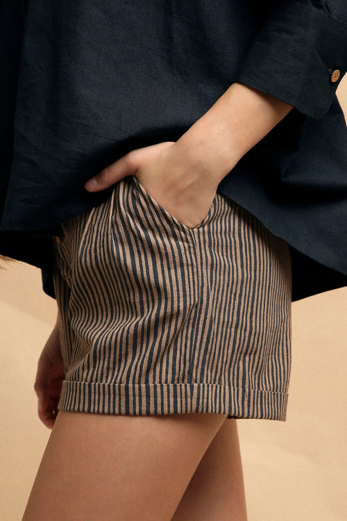 Charcoal Oversized Ret Shirt And Gray Striped PL Shorts Set