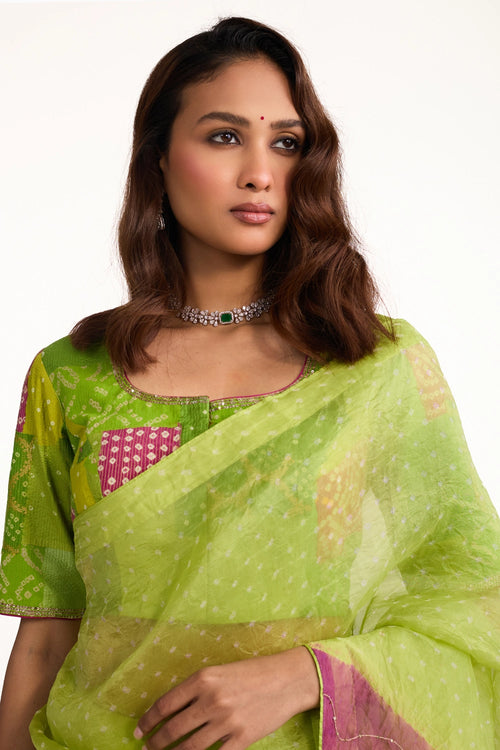 Green Organza Bandhani Saree with Boro Blouse