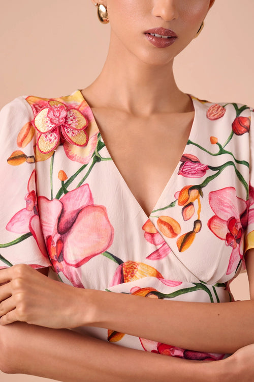 Pink-White Orchid Crepe Dress