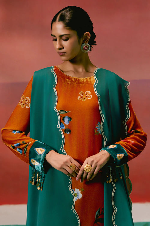 Mustard Teal Floral Velvet Kurta Set with Dupatta