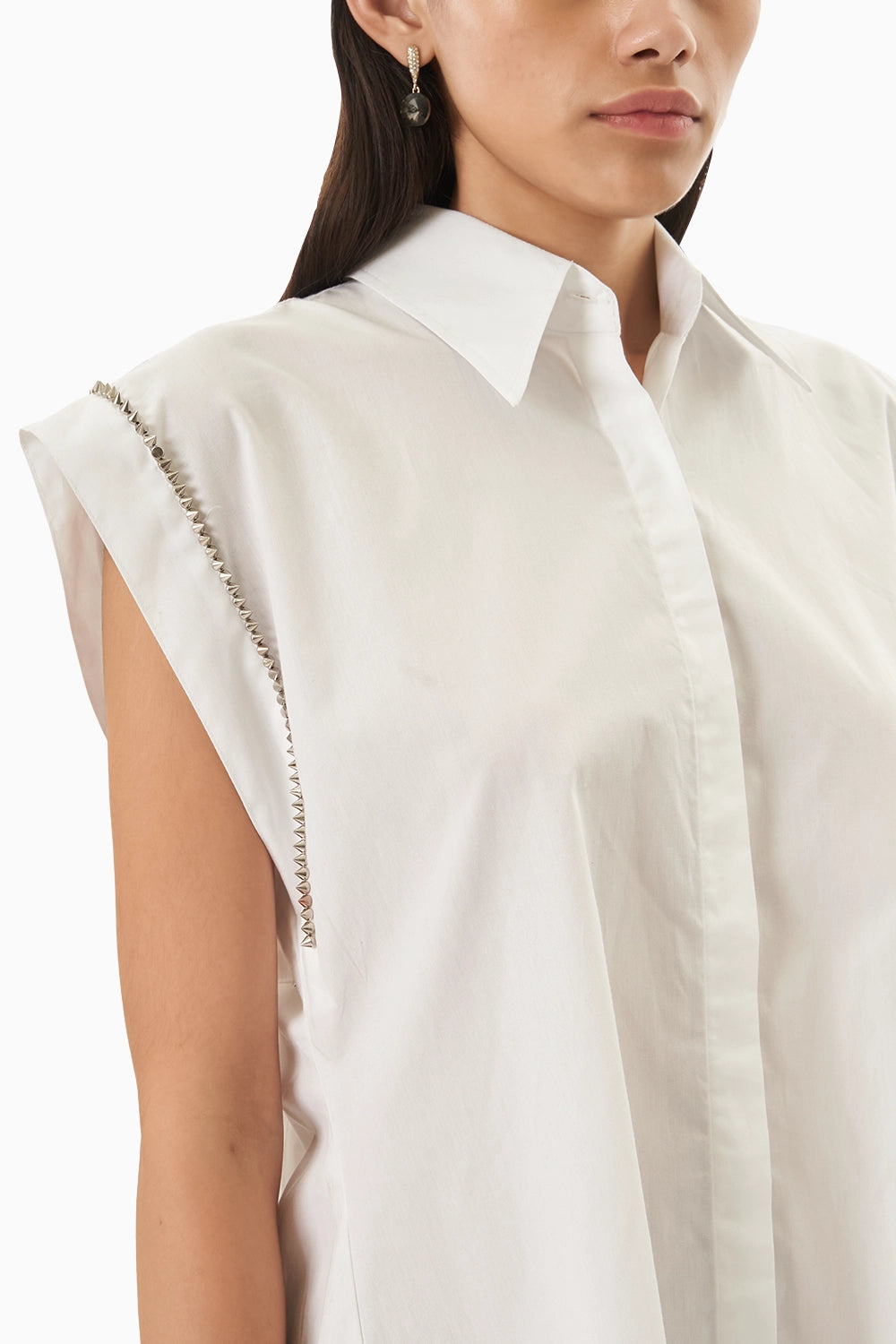 White Cotton Back Pleated Shirt Dress