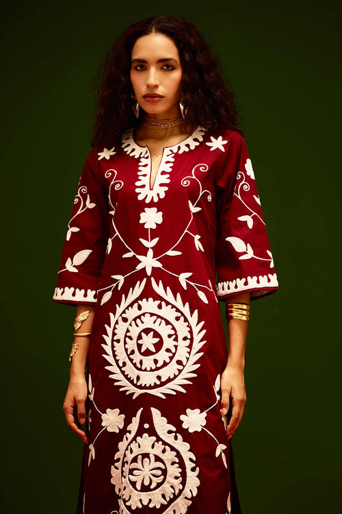 Burgundy Wine Ivory Wave Thread Embroidered Maxi Dress