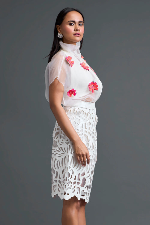 White Layered Halter and Laser-Cut Skirt Set
