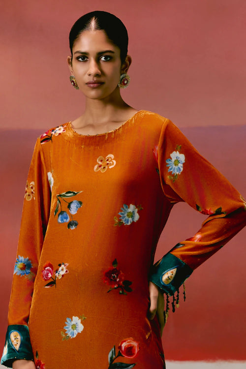 Mustard Teal Floral Velvet Kurta Set