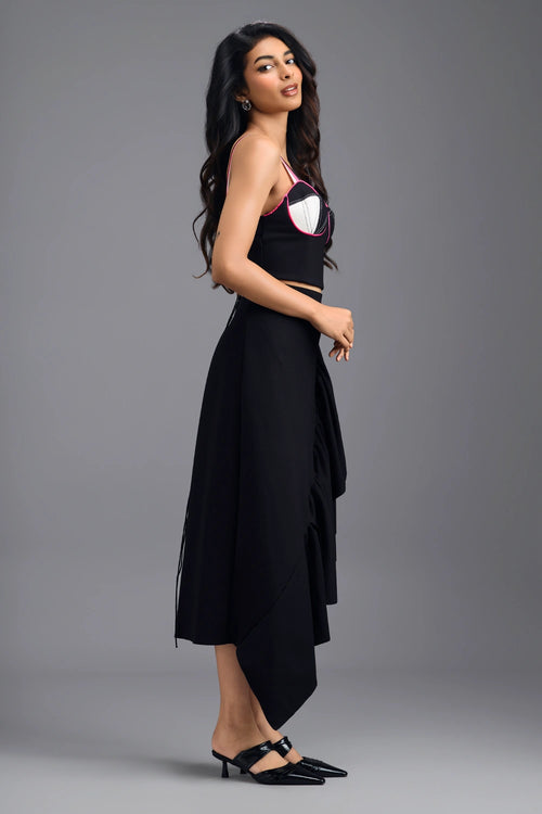 Black Corset Top and Asymmetric Ruffle Skirt