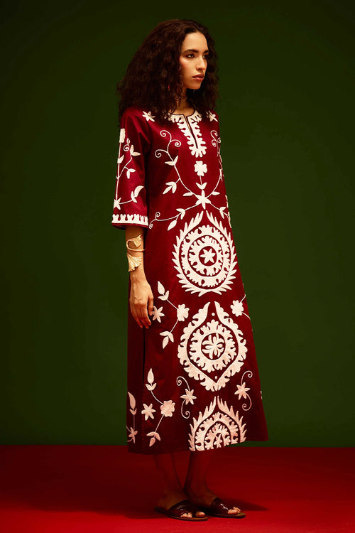 Burgundy Wine Ivory Wave Thread Embroidered Maxi Dress