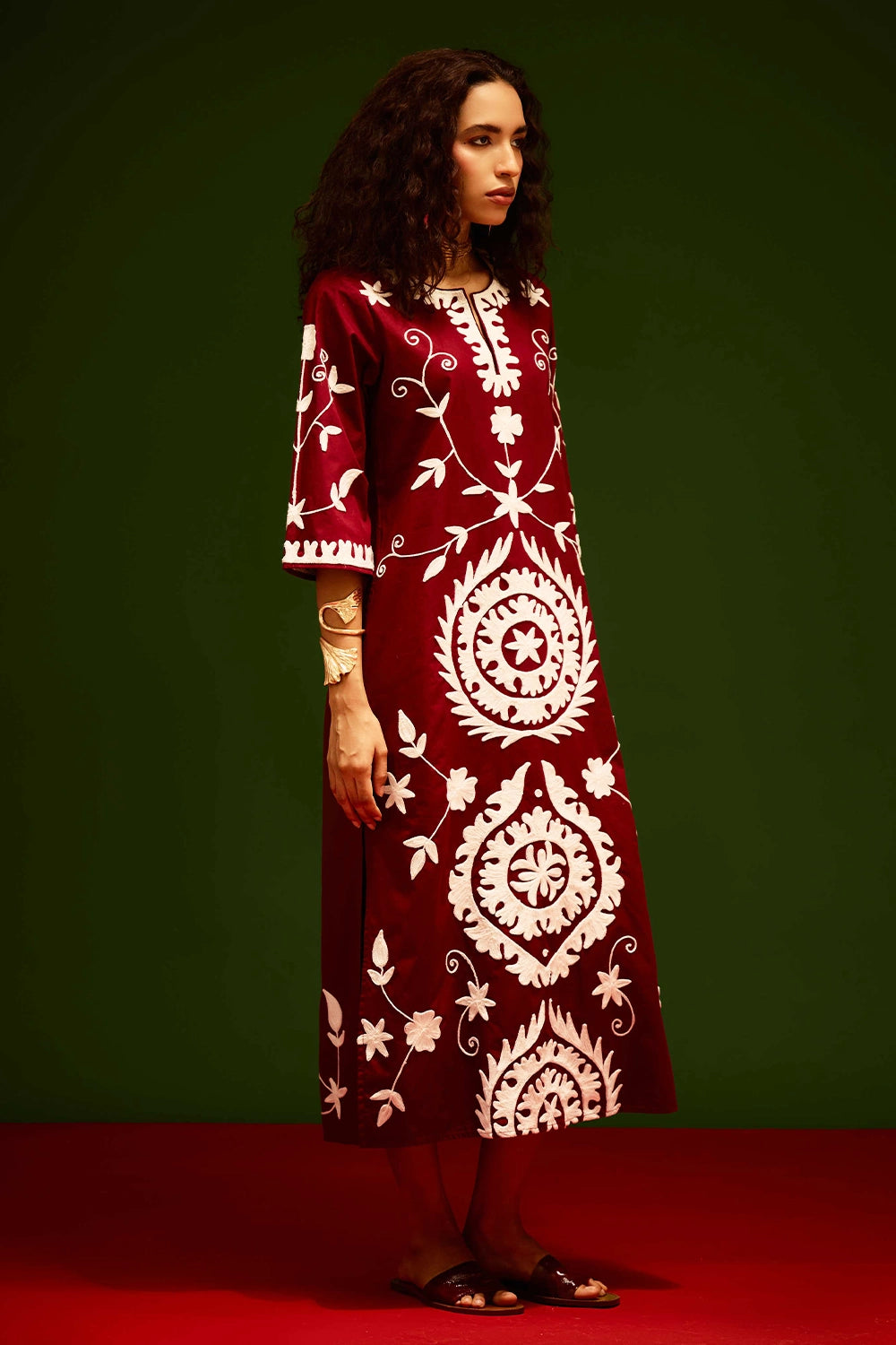Burgundy Wine Ivory Wave Thread Embroidered Maxi Dress