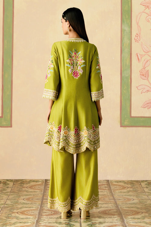 Olive Contrast Cordwork Flared Kurta with Bell Bottom Pants