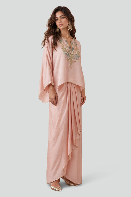 Blush Pink Satin Embroidered Yoke Top And Lungi Skirt