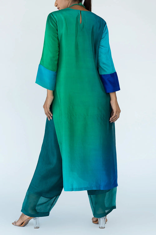Green Blue Ombre Color Block Kurta Set