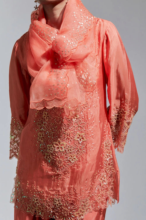 Scalloped Organza Vermilion Dupatta