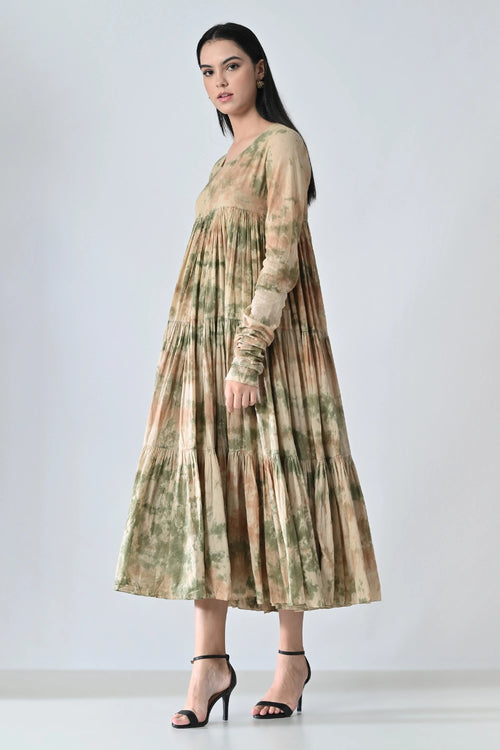 Beige Mist Printed Tiered Midi Dress
