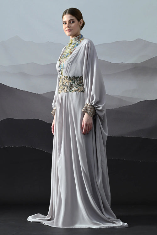 Soft Grey Draped Gown With Hand-Embroidered High Neck