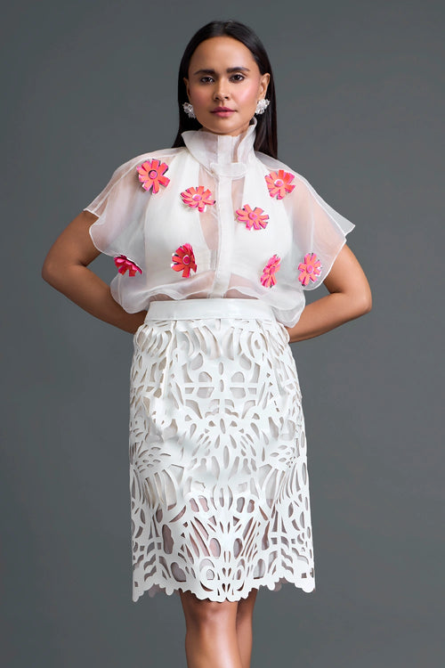 White Layered Halter and Laser-Cut Skirt Set