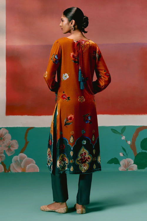 Mustard Teal Floral Velvet Kurta Set
