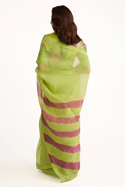 Green Organza Bandhani Saree with Boro Blouse