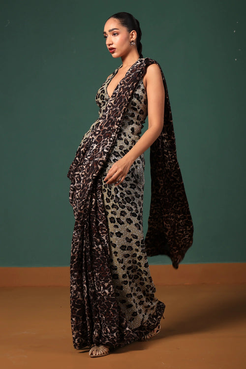 Black and Gold Leopard Spot Emb Saree