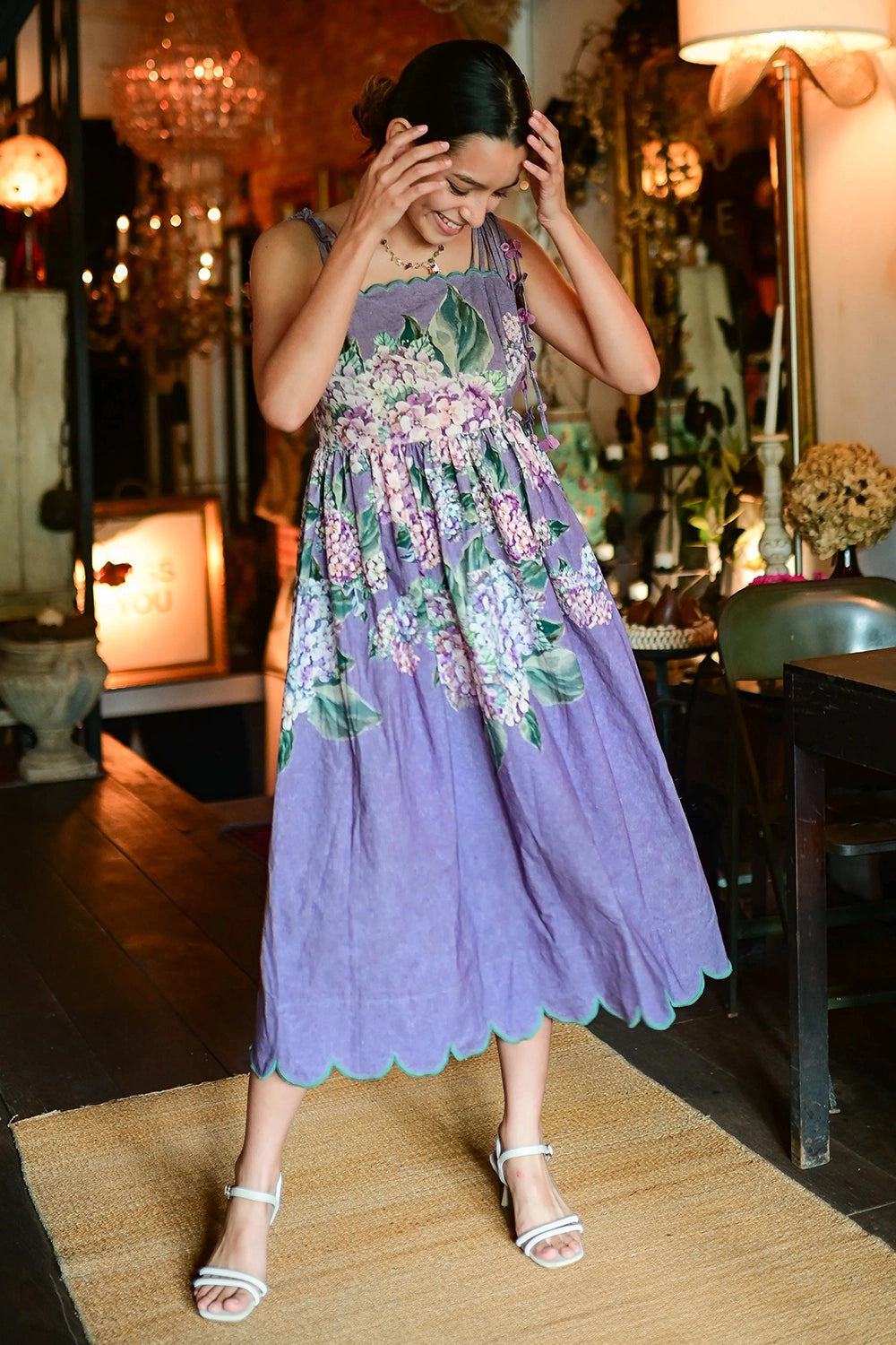 Lilac Hydrangea Scallop Strap Dress