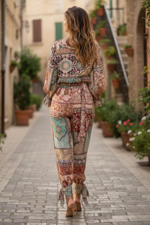 Striking Printed Ruffled Blouse And Harem Pants