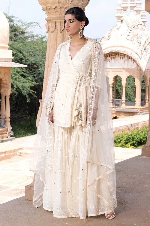 Off White BK all-over Embroidered Sharara with Dupatta