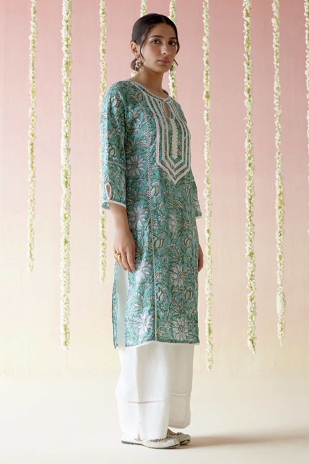 Aqua Blue Floral Chintz Kurta with Wide Leg Pants