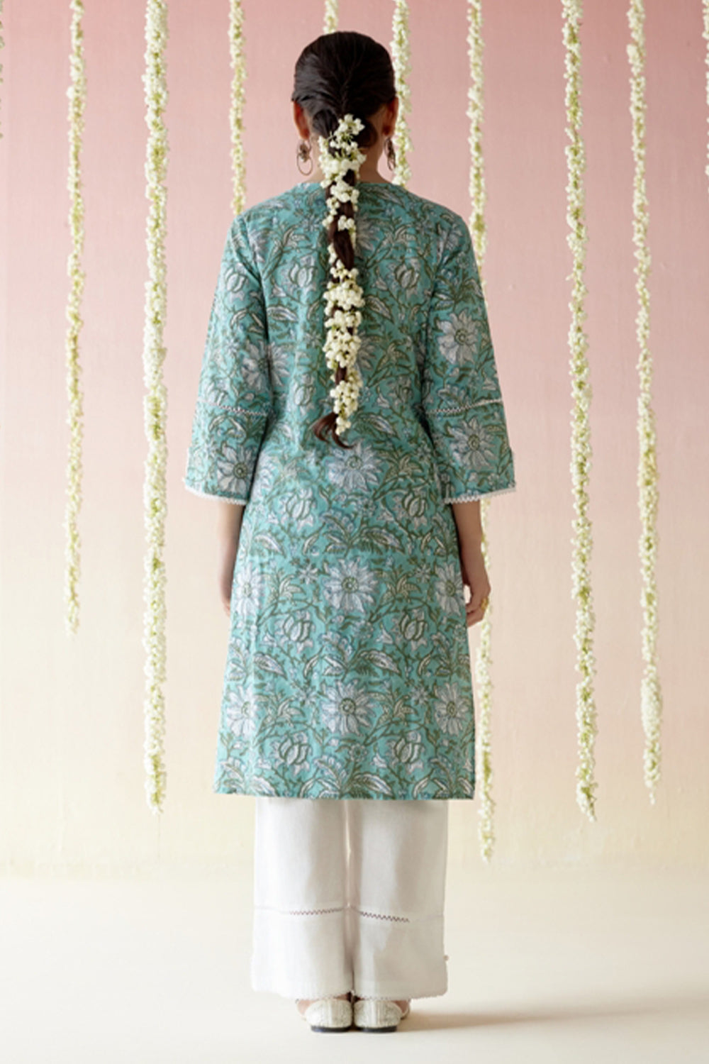 Aqua Blue Floral Chintz Kurta with Wide Leg Pants