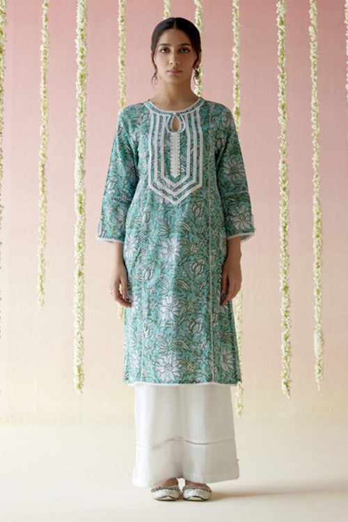 Aqua Blue Floral Chintz Kurta with Wide Leg Pants
