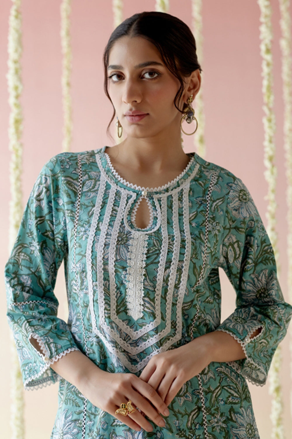 Aqua Blue Floral Chintz Kurta with Wide Leg Pants