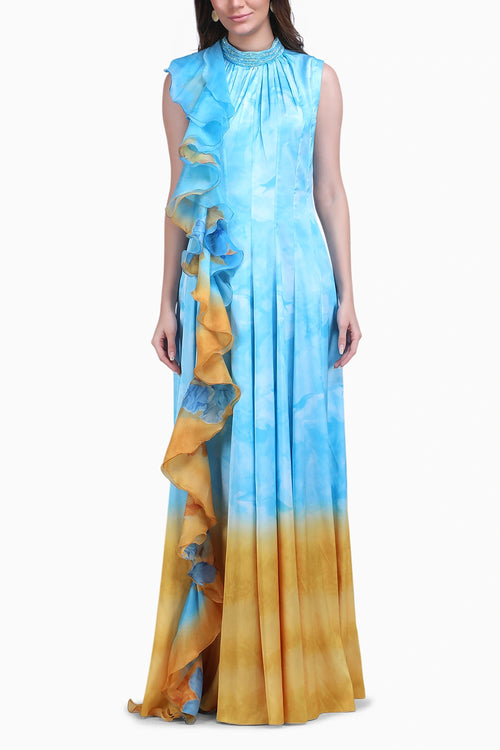 Aqua Ombre Ruffle Panel Gown