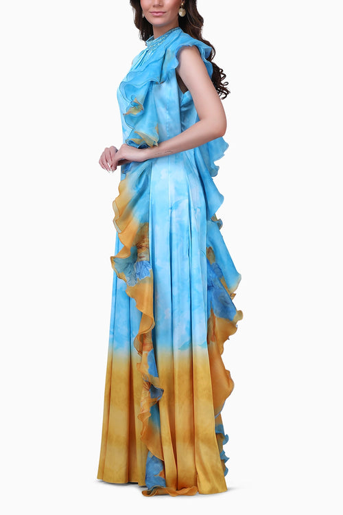 Aqua Ombre Ruffle Panel Gown