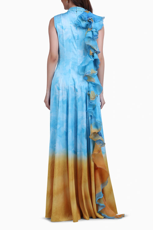Aqua Ombre Ruffle Panel Gown