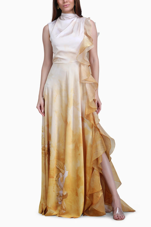 Ochre Sculpt Ruffle Gown