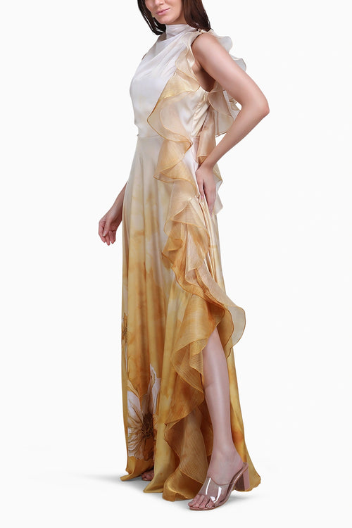Ochre Sculpt Ruffle Gown