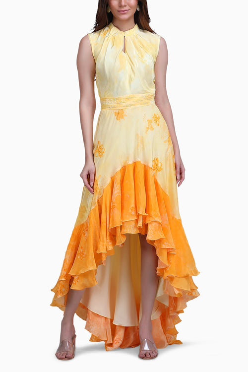 Yellow Floral High-Low Ruffle Dress