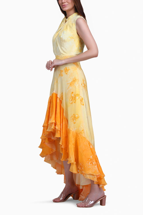 Yellow Floral High-Low Ruffle Dress