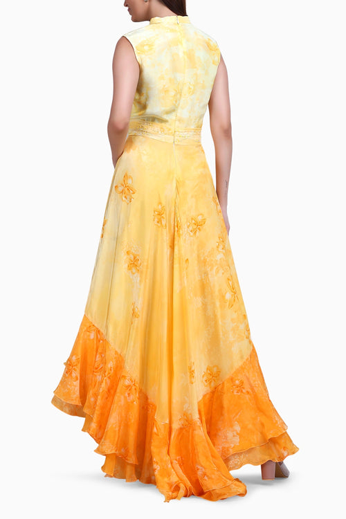 Yellow Floral High-Low Ruffle Dress