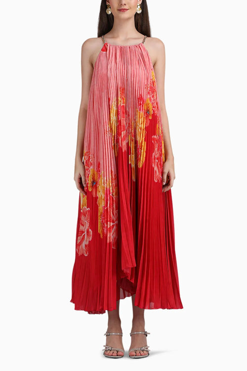 Crimson Pleated Halter Dress