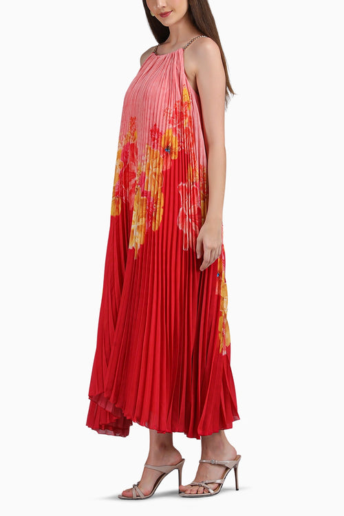 Crimson Pleated Halter Dress