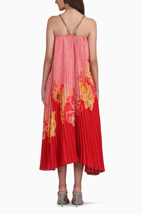 Crimson Pleated Halter Dress