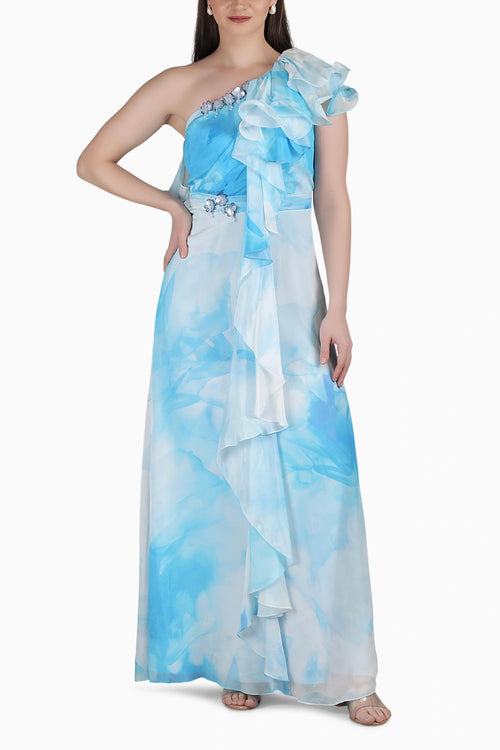 Aqua One-Shoulder Ruffle Dress