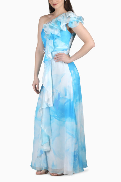 Aqua One-Shoulder Ruffle Dress