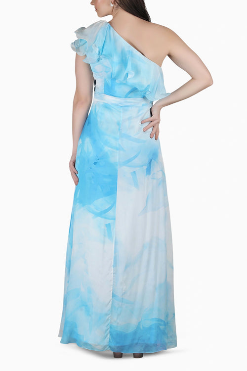 Aqua One-Shoulder Ruffle Dress