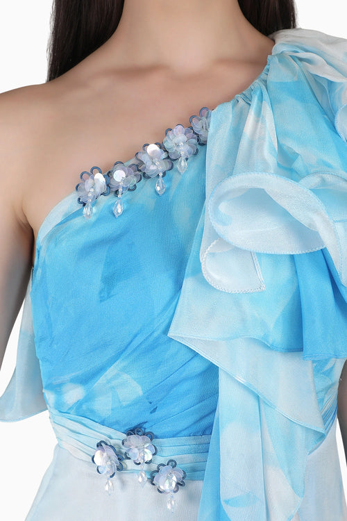 Aqua One-Shoulder Ruffle Dress