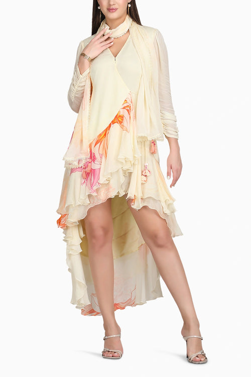 High Low Wrap Ivory Dress With Scraf